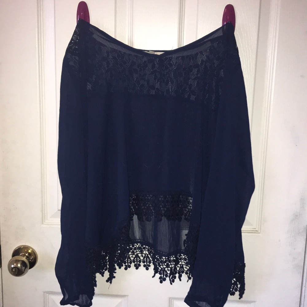 sheer, navy blue shirt, size medium